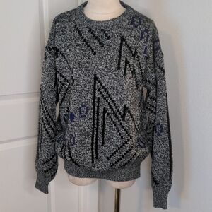 Vintage 80s Men's Sweater Grey Geometric Print Retro Crewneck Pullover  SZ S